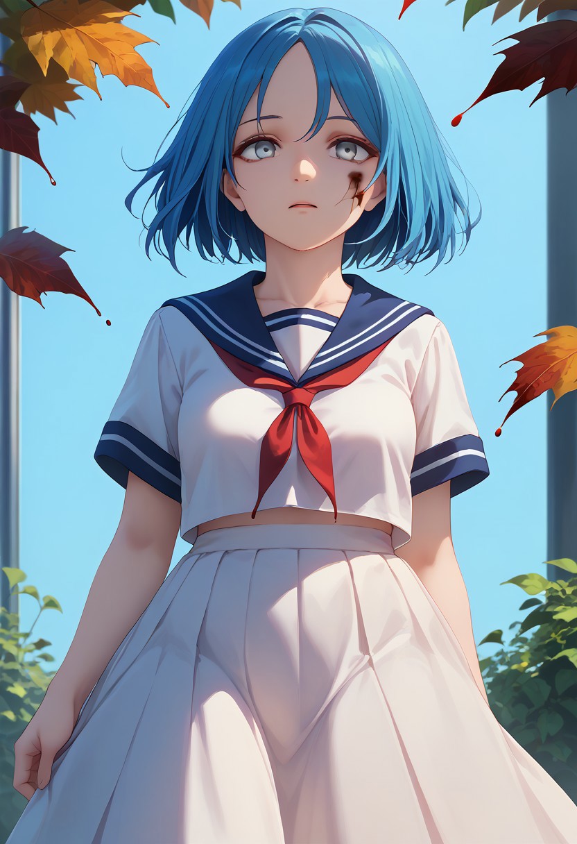 score_9, score_8_up, score_7_up, limgae, 1girl, original, blood, blue hair, dress, grey eyes, leaf, school uniform, serafuku