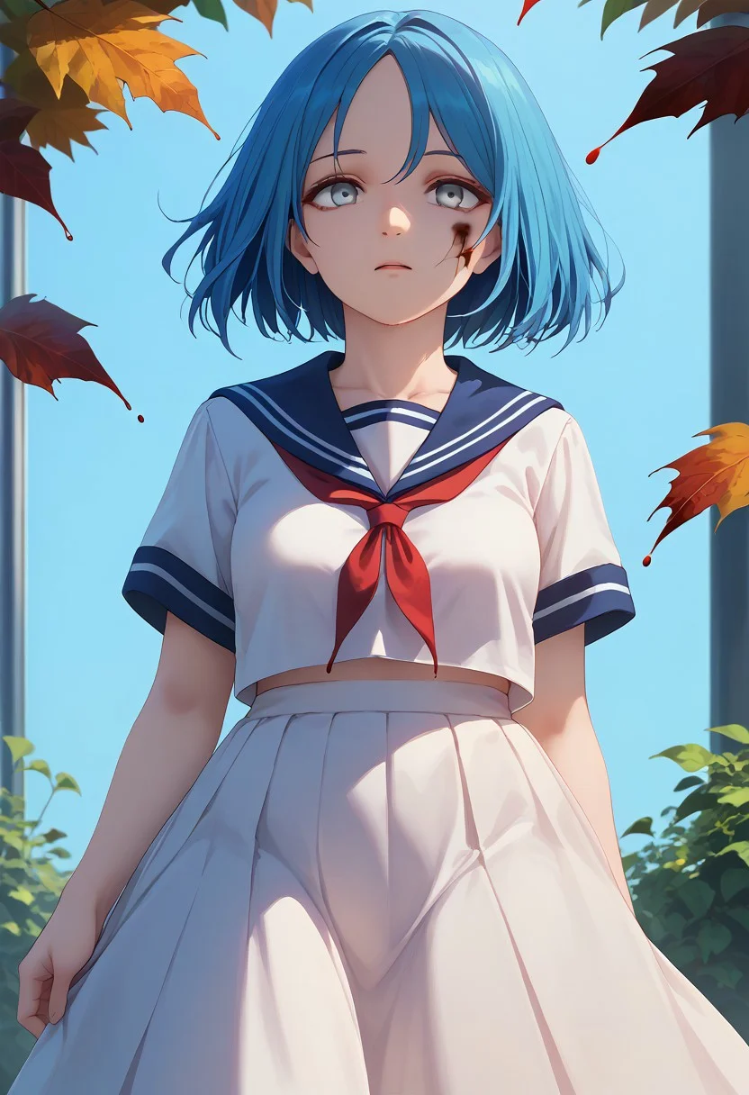 score_9, score_8_up, score_7_up, limgae, 1girl, original, blood, blue hair, dress, grey eyes, leaf, school uniform, serafuku