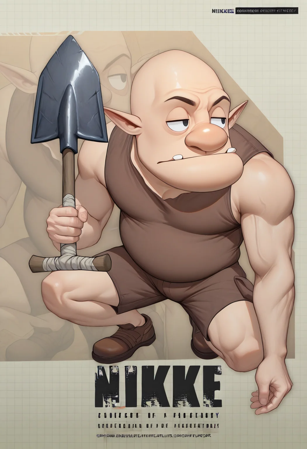 masterpiece, best quality, newest, absurdres, highres, 1boy, <lora:NikkeProfile_illusXLNoobAI_Incrs_v2:1> NikkeProfile, full body, checkered background, zoom layer, copyright name, character name, english text, logo, on one knee, looking to the side, holding shovel, <lora:DampeLoZ-illu:1> dampe, bald, big nose, pointy ears, black eyes, teeth, brown shirt, sleeveless shirt, brown shorts, shoes, brown footwear