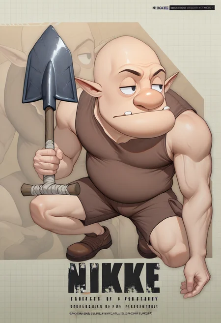 masterpiece, best quality, newest, absurdres, highres, 1boy, <lora:NikkeProfile_illusXLNoobAI_Incrs_v2:1> NikkeProfile, full body, checkered background, zoom layer, copyright name, character name, english text, logo, on one knee, looking to the side, holding shovel, <lora:DampeLoZ-illu:1> dampe, bald, big nose, pointy ears, black eyes, teeth, brown shirt, sleeveless shirt, brown shorts, shoes, brown footwear