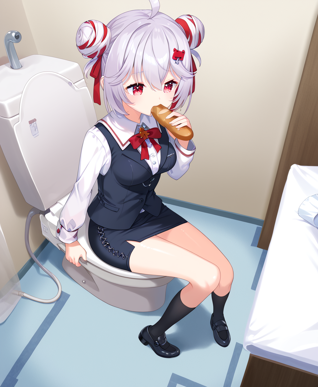 /1/score_9,score_8_up,score_7_up,rating_explicit,absurdres,unity 8k wallpaper,official art,official style,source_anime,game cg,ultra delicate hair,shiny skin,slender,<lora:tonde_pyokora_pony_v1:1>,tonde_pyokora,red eyes,virtual youtuber,multicolored hair,white hair,red hair,grey hair,hair bun,double bun,medium breasts,business suit,pencil skirt,(tired:1.1),(sleepy:1.1),<lora:suit skirt_pony_V1.0:1>,<lora:JST_PONY_V1:1>,JST,toilet,indoors,toilet paper,scenery,from above,<lora:baguette:1>,baguette,holding baguette,eating,