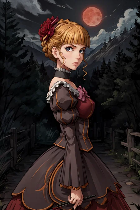 (masterpiece),(best quality),<lora:Beatrice:0.85>,beatrice, dress, pink bow, hair flower, choker,bloodmoon, (beautiful face), (looking at the viewer), (close:1.3), fog, mist, mountains, (night), path in a dark forest, <lora:Adddetail:0.7>, best quality, (front view:1.5)
