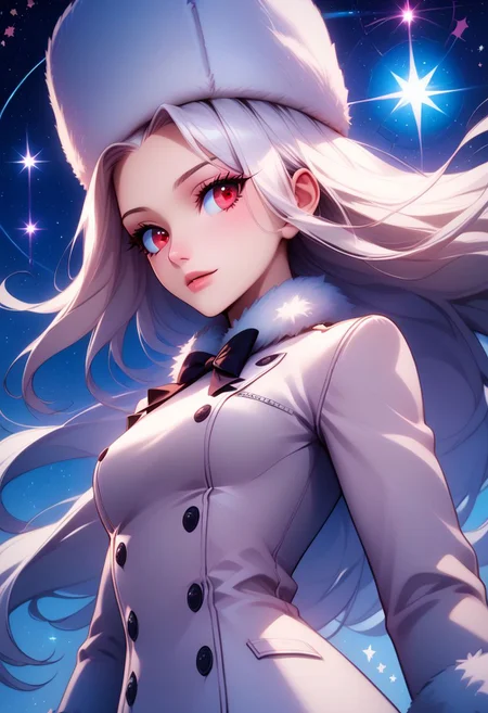 score_9, score_8_up, score_8, medium breasts, (curvy), cute, eyelashes, rating_safe,
BREAK,
zzirisviel, white hair, red eyes,
long hair, pantyhose, thighboots, coat, fur hat
BREAK,
dynamic angle, stars, floating, colorful, pink, blue eyes, black bow, from side, on back, spaceship, technological,
zPDXL,