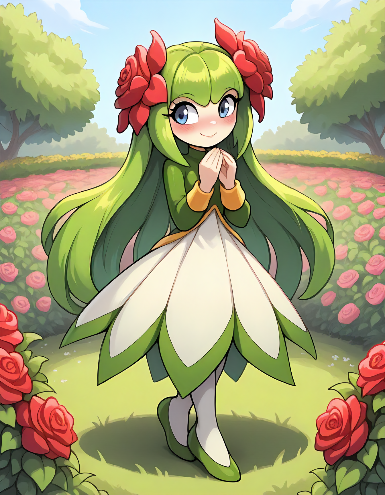 <lora:cosmo_v5_IL_epoch_5:1>, cosmotheseediran, green hair, very long hair, bloomingheadflowers, , greenflowerdress, outside, garden, flowers, smile, blush, cute, masterpiece, best quality, newest, absurdres, highres, very awa,