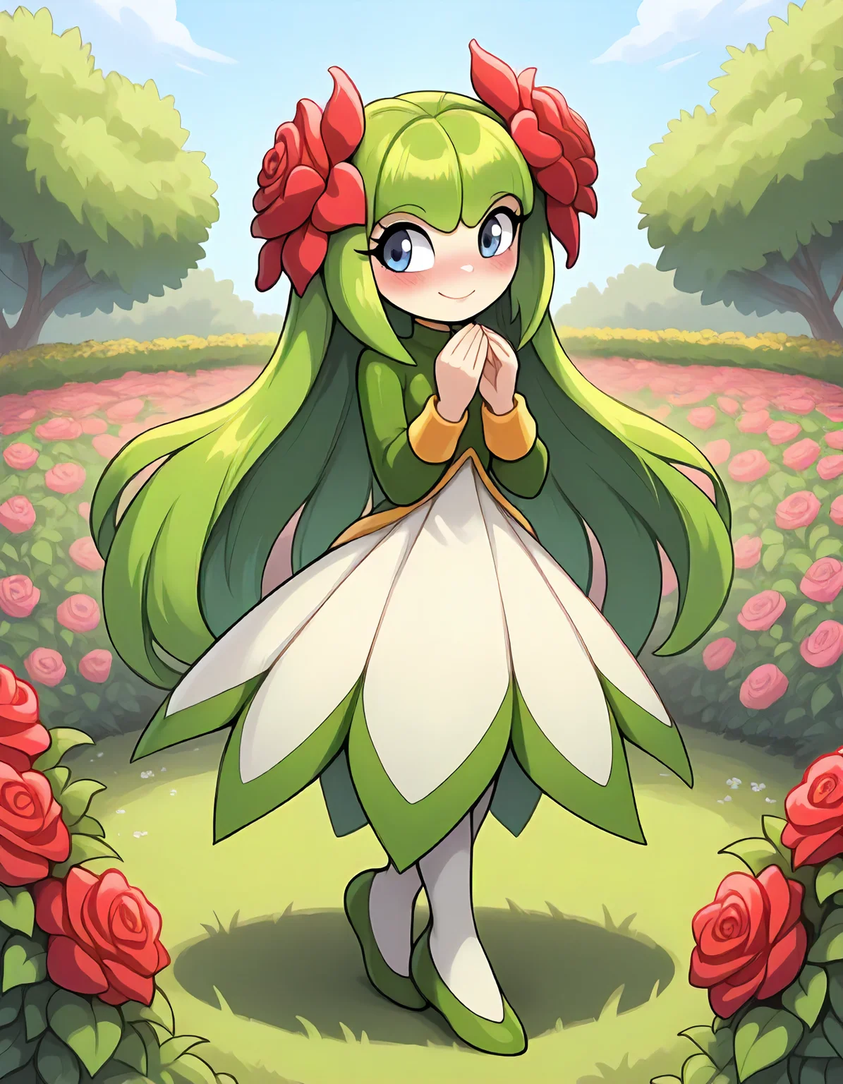 <lora:cosmo_v5_IL_epoch_5:1>, cosmotheseediran, green hair, very long hair, bloomingheadflowers, , greenflowerdress, outside, garden, flowers, smile, blush, cute, masterpiece, best quality, newest, absurdres, highres, very awa,