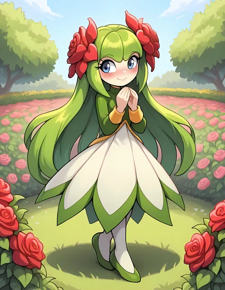 <lora:cosmo_v5_IL_epoch_5:1>, cosmotheseediran, green hair, very long hair, bloomingheadflowers, , greenflowerdress, outside, garden, flowers, smile, blush, cute, masterpiece, best quality, newest, absurdres, highres, very awa,