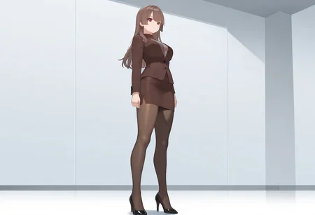from front, standing, full body
1girl, pantyhose, solo, long hair, brown hair, skirt, formal, suit, pencil skirt, skirt suit, jacket, brown skirt, brown pantyhose, bangs, closed mouth, red eyes, breasts, high heels, black high heels,