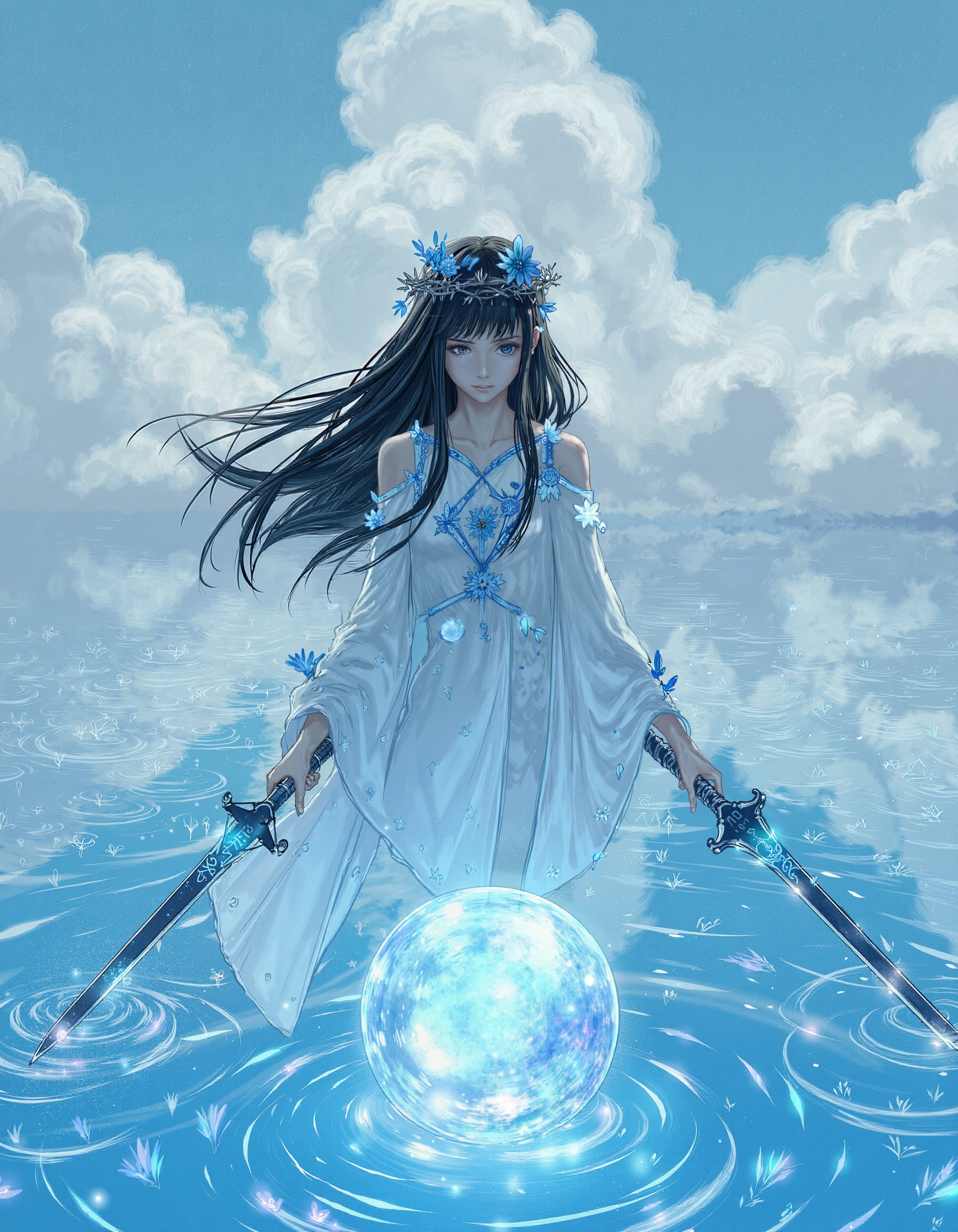 A mystical young woman stands in a serene, crystal-encrusted lake, surrounded by wispy clouds and a pale blue sky. Her long black hair cascades down, entwined with a crown of thorns that shimmer with ethereal light. Her white robe is adorned with delicate blue flowers that seem to bloom and wither in a perpetual cycle. She grasps two swords, their blades etched with runes that pulse with a soft, sapphire glow, as she gazes into a crystal ball that reflects the infinite expanse of the sky. The painting is in the style of umesky. <lora:Grimmold:0.5> <lora:ume_sky_v2:0.7>