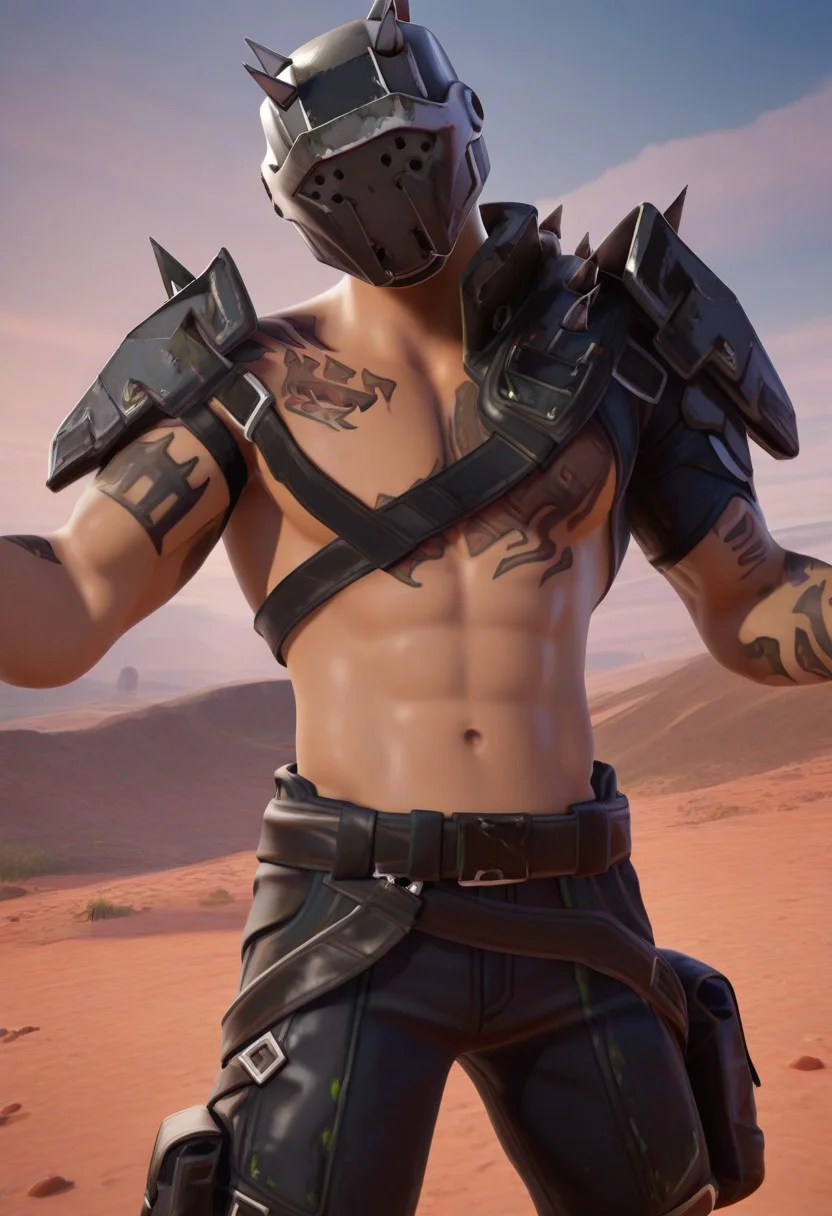 2d, art, solo, toned male, 1boy, daylight, mask focus, masterpiece, best quality, amazing quality, very aesthetic, absurdres, newest,
X-Lord, ingame, fortnite, tattoos on chest, pauldrons, black clothing, lots of belts, bag on thigh, mask, spikes, light skin, abs, well built,
manly posing for a photo, wasteland background, quality focus on character, colorful photo, upper body visible, heroic pose,