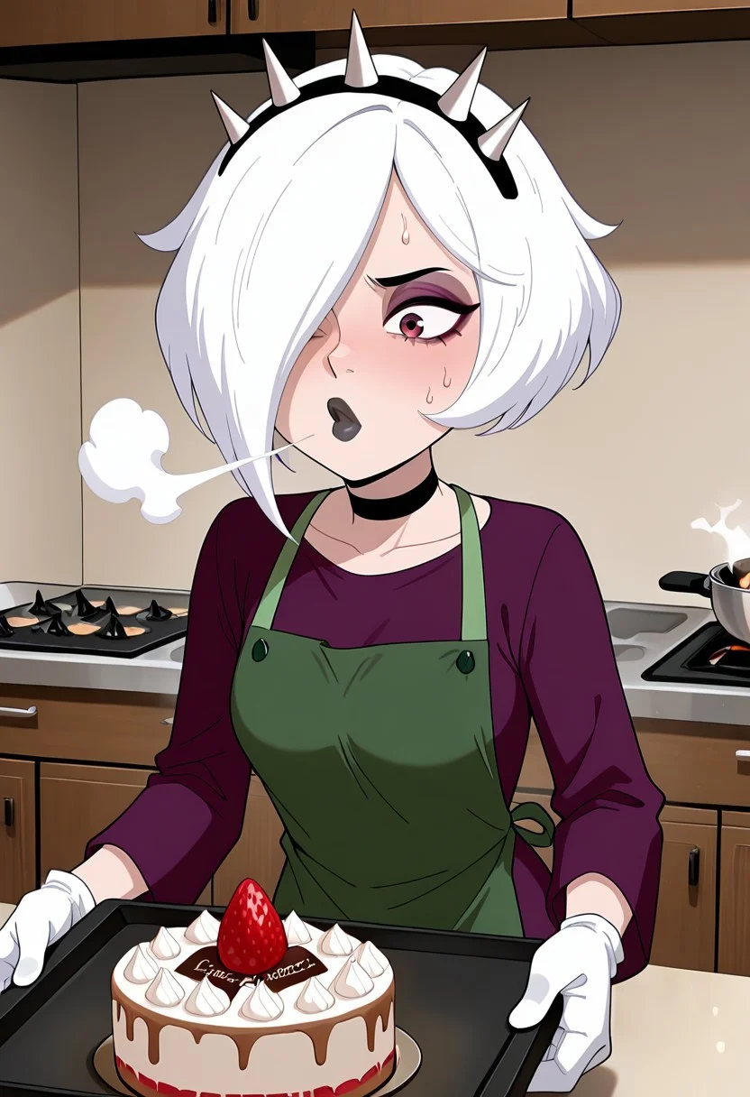 ((screencap, cartoon)) , masterpiece, best quality, amazing quality, very aesthetic, absurdres, newest,
charmreb, 1girl, white hair, short hair, spiked hairband, black choker, makeup, hair over one eye, eyeshadow, black lips, solo, 
apron, green apron, over mits, oven gloves, cooking, over tray, cake, sweating, blowing steam, heavy sweating
