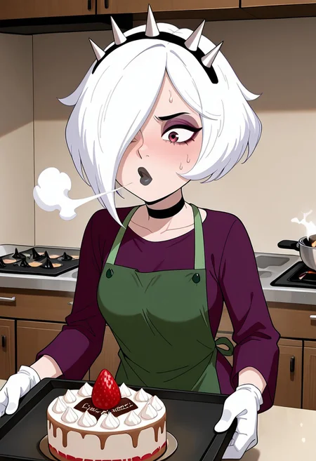((screencap, cartoon)) , masterpiece, best quality, amazing quality, very aesthetic, absurdres, newest,
charmreb, 1girl, white hair, short hair, spiked hairband, black choker, makeup, hair over one eye, eyeshadow, black lips, solo,
apron, green apron, over mits, oven gloves, cooking, over tray, cake, sweating, blowing steam, heavy sweating