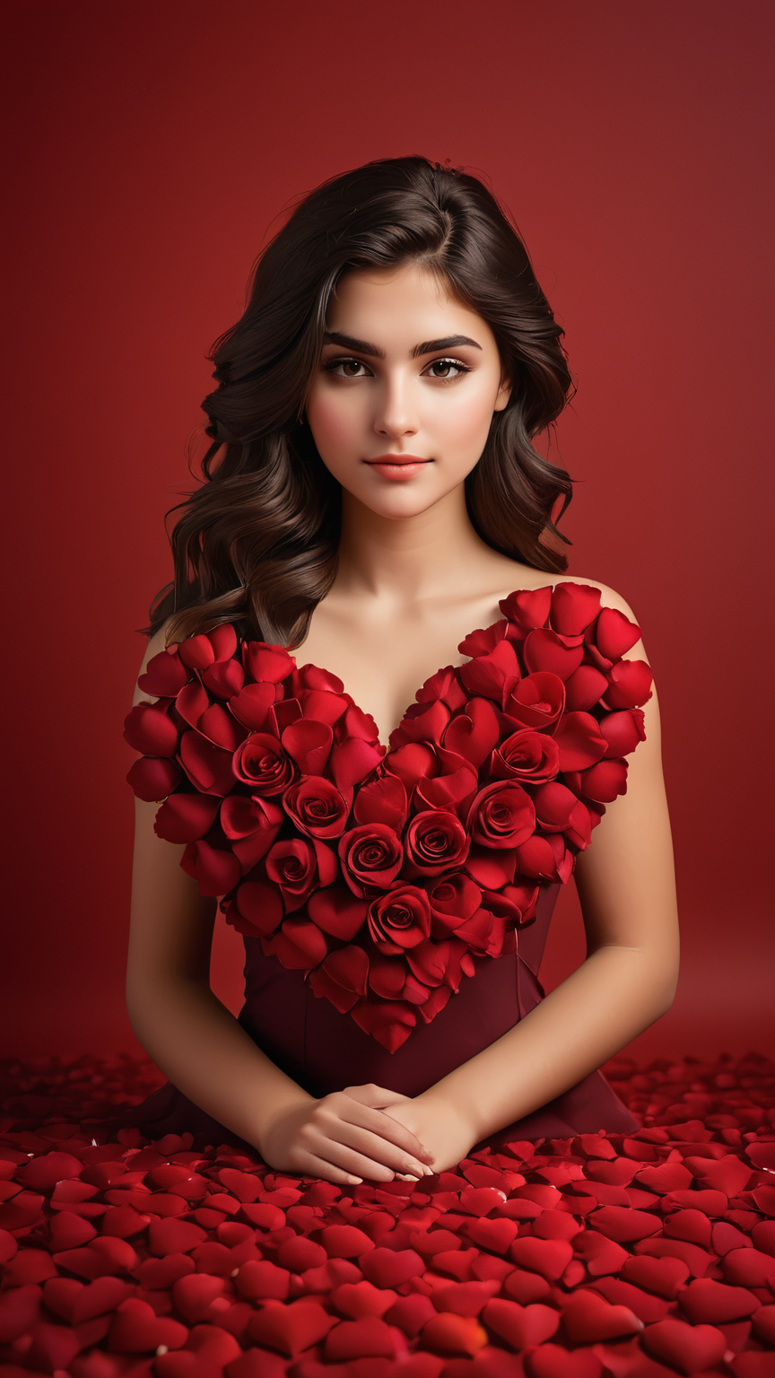yamer_passione, red background, petals, heart, still life, heart background, full body, rose, flower, beautiful photo of a 22 years old italian girl, <lora:Passione:1>