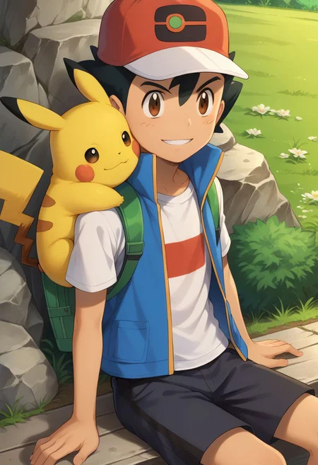 score_9, score_8_up, source_anime, highly detailed, 1boy, solo, skinny, human child,
ash_j2, 1boy, pokemon (creature), male focus, brown eyes, hat, shirt, black hair, baseball cap, t-shirt, white shirt, smile, jacket, sleeveless jacket,
outdoor, sit, rocks, hug, hug pokemon,