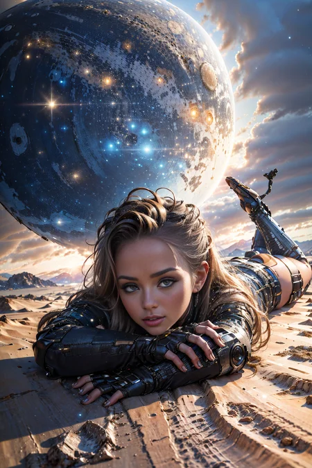 (view from top) (Realisitc:1.5) space cyborg woman, blond hair, Lying on stomach with head propped up on hands <lora:EdobCyborgFemale_v1.0:0.6>  <lora:SyFyEye1_v1.0:0.6>