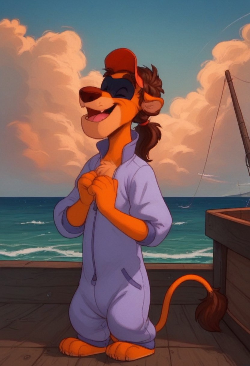 score_7, score_8, score_9, dynamic lighting, detailed background, background is ship dock, dock, (stacked crates), ((ocean)), boats, mountains in distance, ((outdoors)), clouds, sunny, (close up), cowboy shot,
BREAK 
Solo, 1boy, ((anthropomorphic)), furry male, Wildcat, yellow fur, two tone fur, brown hair, hair in ponytail, animal nose, black eyes, slender, animal ears, yellow ears, (yellow tail), feet claws, snaggle tooth, eye mask, fluffy fur, fluffy eyebrows, (fang), chest fur tuft,
BREAK 
standing, ((eyes closed)), ((laughing)), jumpsuit, hat, arms crossed,