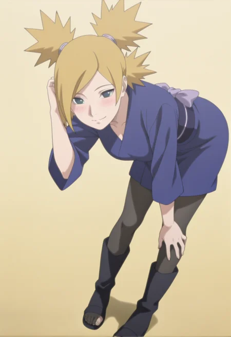 anime screencap, anime coloring,   <lora:DX888Temari:1> nara temari, green eyes, blonde hair, quad tails, parted bangs,,  BREAK  short kimono, obi, pantyhose, open-toe boots, BREAK simple background, yellow background, BREAK 1girl, blush, hand in own hair, leaning forward, looking at viewer, smile, solo,