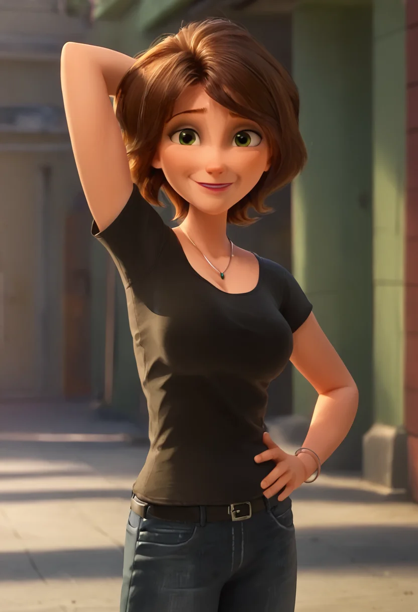 <lora:AuntCassBH6Pony1.0:1>AuntCass, 1girl, solo, brown hair, short hair, black shirt, jewelry, green eyes, smile, standing, belt, looking at viewer, jeans, bracelet score_9, score_8_up, score_7_up, score_6_up, score_5_up, score_4_up, looking at viewer,, looking at viewer, hand on own hip, cowboy shot,large breasts, cleavage, arm behind head,