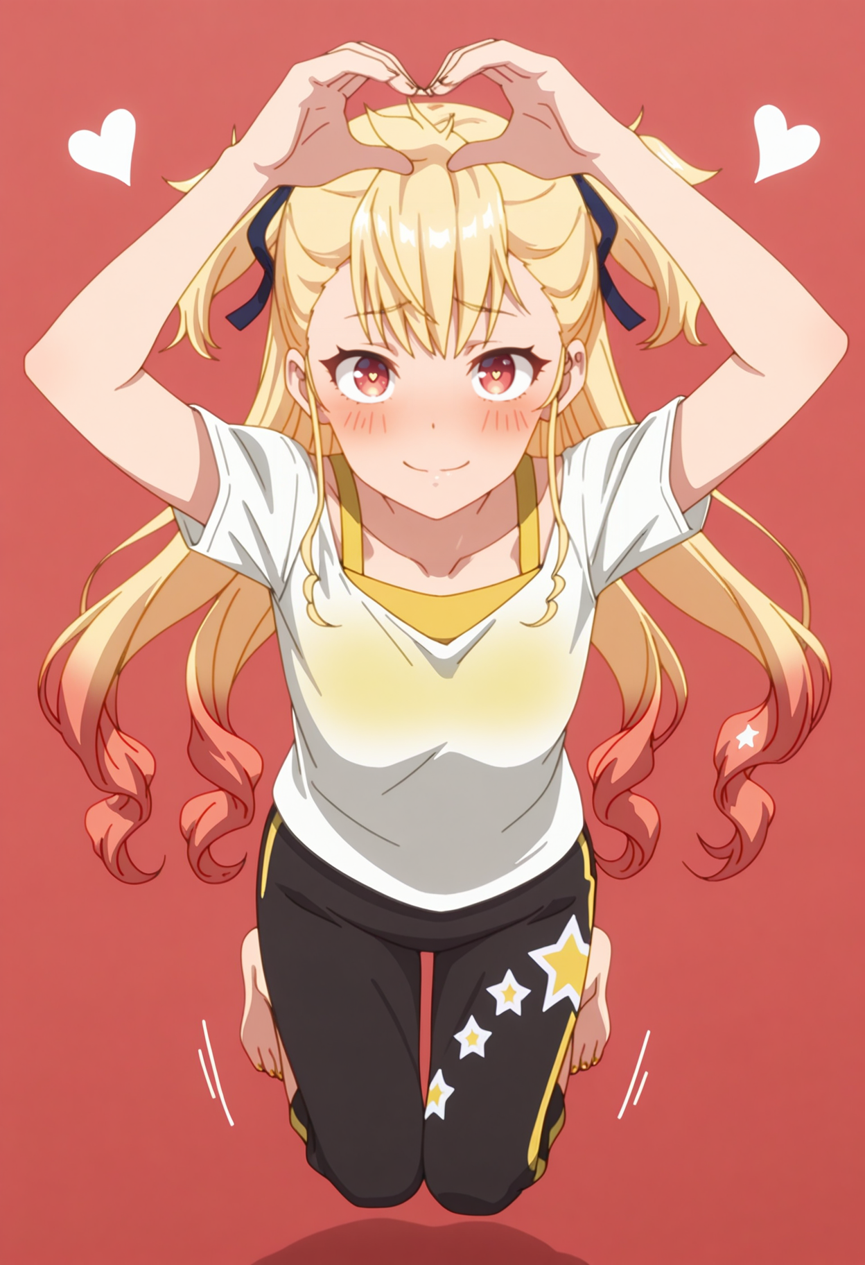 very awa, masterpiece, best quality, year 2024, newest, highres, absurdres,
red background, gradient background, very aesthetic, detailed background, full body,
1girl, solo,
 <lora:Rio_Seibu_-_Shine_Post:1> rios, very long hair, two side up, twintails, sidelocks, two-tone hair, multicolored hair, gradient hair, blonde hair, red hair, hair ribbon, dark blue ribbon, red eyes, anime coloring, white shirt, bra visible through clothes, sports bra, bra strap, yellow bra, collarbone, single vertical stripe,  star print, sweatpants, black pants, 
 looking at viewer, arms up,
<lora:anatomy_helper:1>, jumping,  barefoot, from above,  <lora:lora-add:0.5> toes, nailtoes, heart hands, heart \(symbol\),  smile, (blush:2),