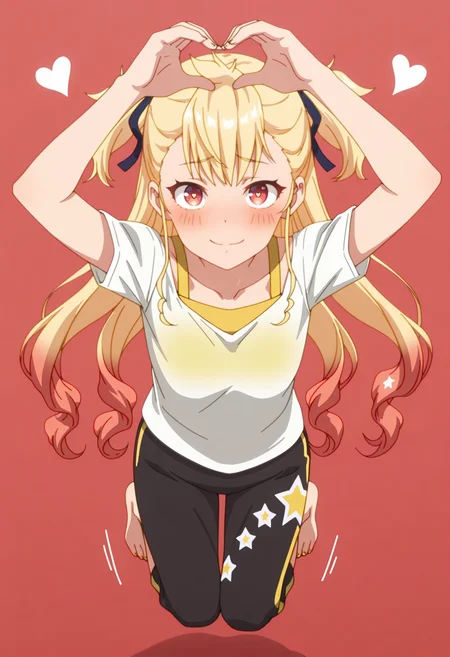very awa, masterpiece, best quality, year 2024, newest, highres, absurdres,
red background, gradient background, very aesthetic, detailed background, full body,
1girl, solo,
<lora:Rio_Seibu_-_Shine_Post:1> rios, very long hair, two side up, twintails, sidelocks, two-tone hair, multicolored hair, gradient hair, blonde hair, red hair, hair ribbon, dark blue ribbon, red eyes, anime coloring, white shirt, bra visible through clothes, sports bra, bra strap, yellow bra, collarbone, single vertical stripe, star print, sweatpants, black pants,
looking at viewer, arms up,
<lora:anatomy_helper:1>, jumping, barefoot, from above, <lora:lora-add:0.5> toes, nailtoes, heart hands, heart \(symbol\), smile, (blush:2),