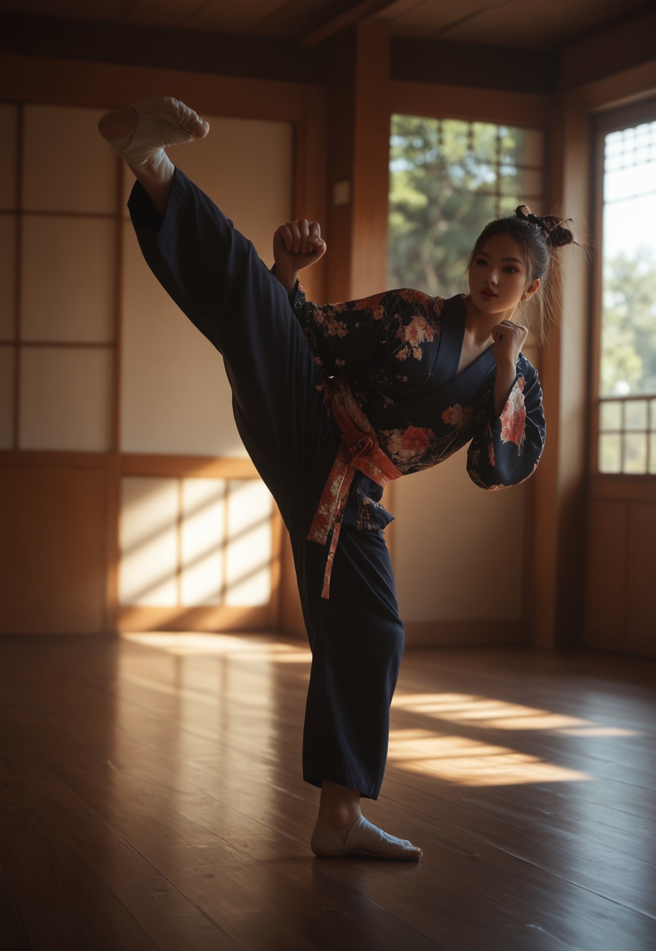 (((score_9, score_8_up, score_7_up))), ((( highly detailed, masterpiece, perfect, detailed, hd, )))
,
((( Higkic1mb, standing, standing on one leg, kicking )))
,
((( 1girl, solo, pretty, beautiful )))
,
((( Kimono )))
,
((( Indoors, dojo ))) 
,
((( Best view)))
,
(( ))
,
(((  )))
,
()