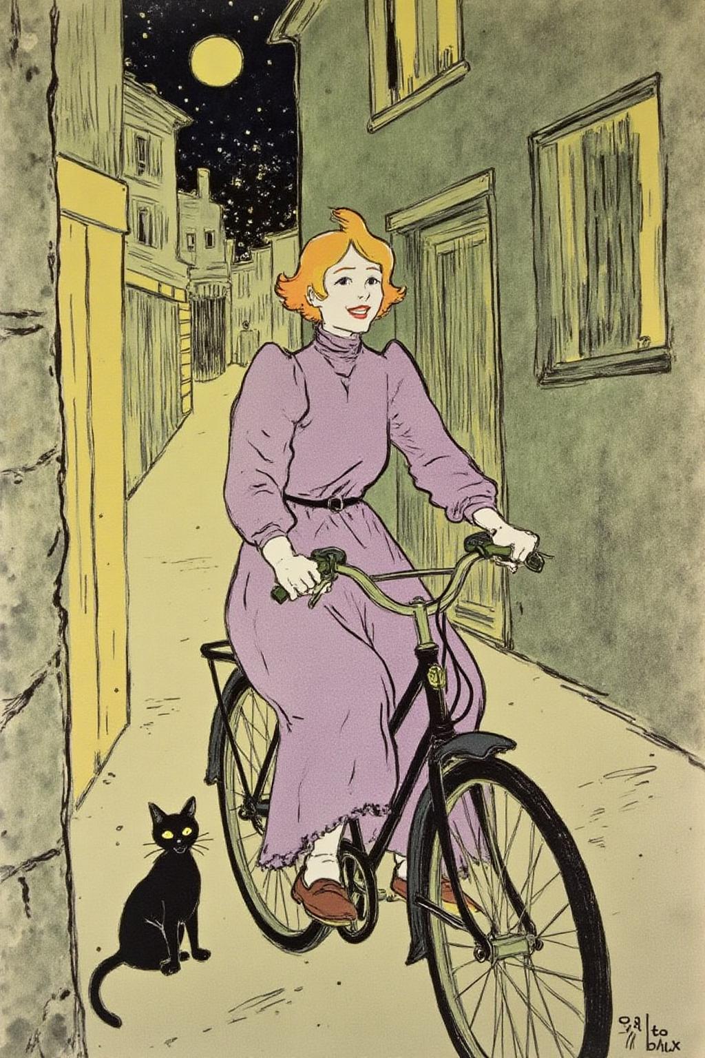 lautrec1 illustration 
rendered in a stylized, Art Nouveau style typical of the era, with a pastel color palette dominated by shades of green, yellow, and brown.
A Japanese school girl riding a old style bicycle through a narrow, quiet street at night. The happy woman wears a simple, purple flowing dress. In the corner, a small black cat with piercing eyes sits watching her quietly.
 <lora:lautrec1_cap_d6a3e11:1.0><lora:810952987557000648:0>