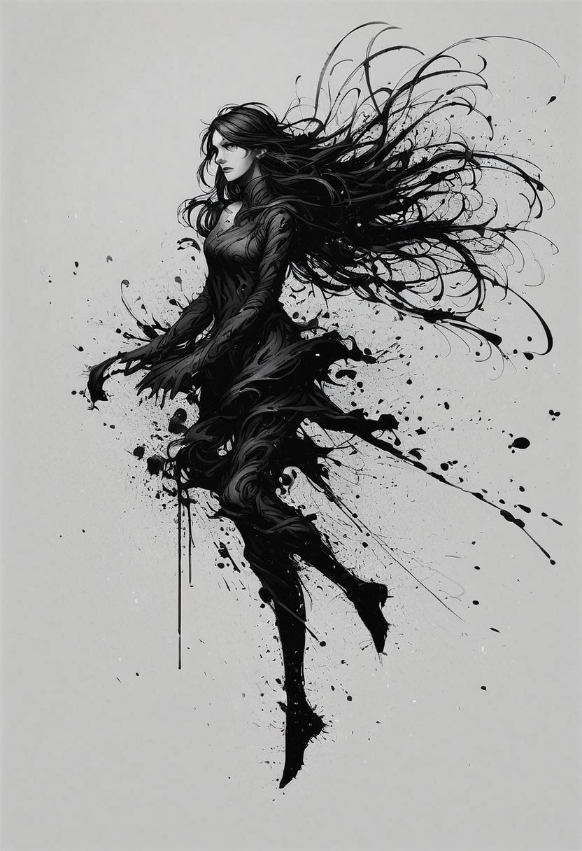 score_9, score_8_up, score_7_up, score_6_up, ink splats, monochrome, 1girl, long hair, wind