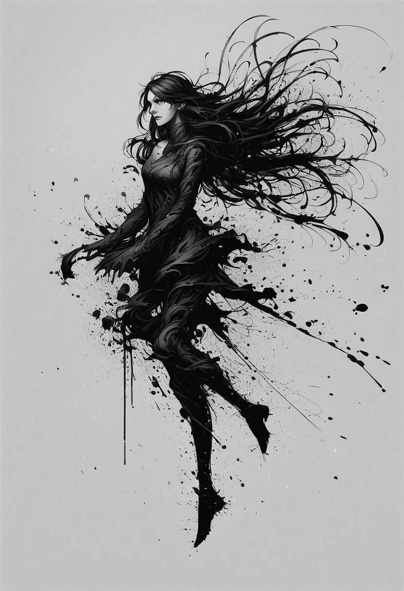 score_9, score_8_up, score_7_up, score_6_up, ink splats, monochrome, 1girl, long hair, wind