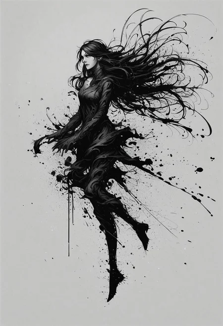 score_9, score_8_up, score_7_up, score_6_up, ink splats, monochrome, 1girl, long hair, wind