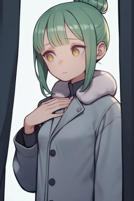 score_7_up, high resolution, 1girl, looking to the side, hand_on_own_chest, worried, dark green hair, hair bun, curtain bangs, yellow eyes, small breasts, light blue winter coat <lora:kuroboshi_kouhaku_PonyXL_style_v01.09:1>