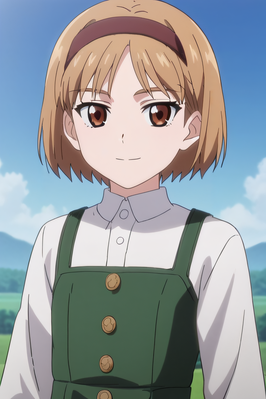 score_9, score_8_up, score_7_up, source_anime, rating_safe, intricate details, anime screencap, official style, 1girl, solo, <lora:Henrietta:1>, henrietta, light brown hair, brown eyes, bob cut, brown hairband, white shirt, flat chest, green dress, long sleeves, looking at viewer, outdoor, expressionless, smile, upper body