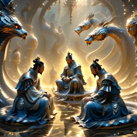 Sinoink, ral-frctlgmtry, A knight on bent knee accepting a quest from the royal family, the family sits on shining golden thrones, torchlight reflections can be seen on the floors
