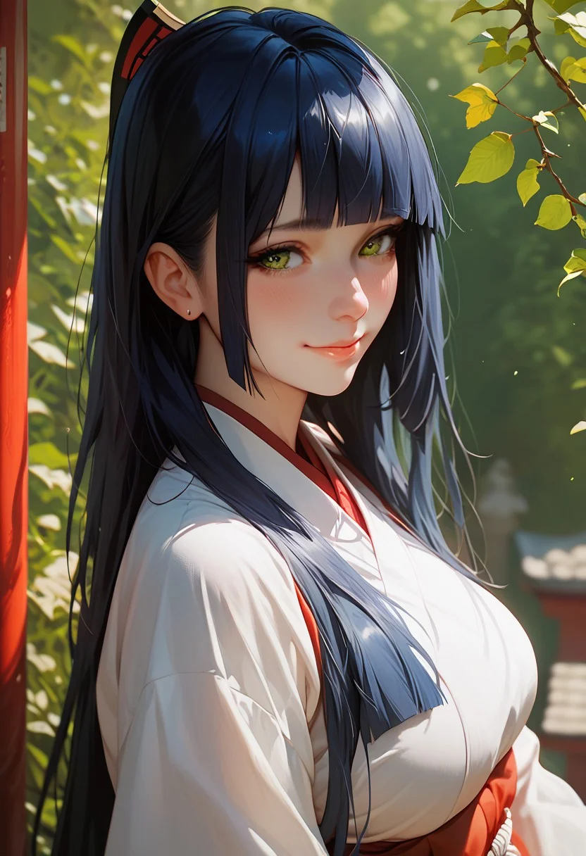 score_9, score_8_up, score_7_up, score_6_up, score_5_up, score_4_up, 1girl, (score_9, score_8_up:1.1), long straight hair, (dark blue hair), blunt bangs, (green eyes), voluptuous, pale skin, shy smile , miko outfit Japanese shrine