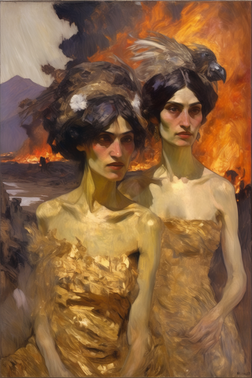 <lora:Mikhail Vrubel Style:1>Mikhail Vrubel Style - a messy, impasto portrait of 2 slim, 30 year old, very beautiful Armenian woman fully clothed and wearing lavish, golden gowns and holding large birds and wearing feathers in thier hair in a burning landscape