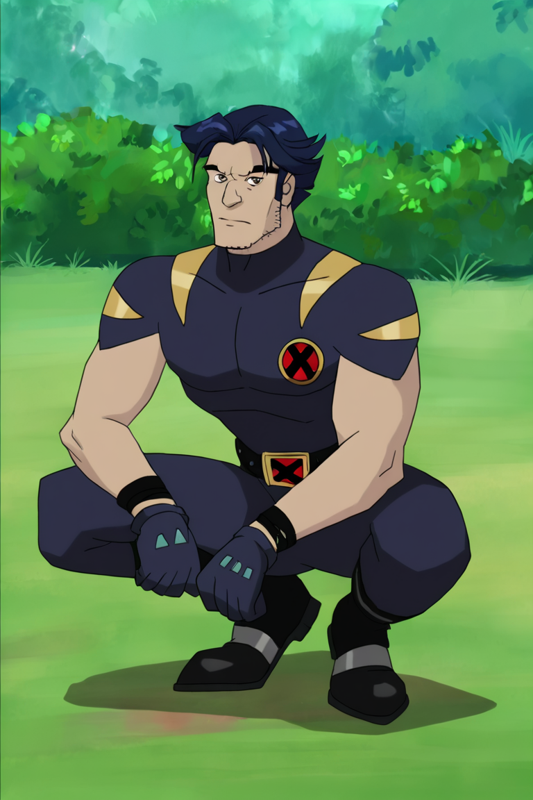 masterpiece, best quality, highres, newest, logan, xevosuit, 1boy, solo, male focus, mature male, short hair, dark blue hair, brown eyes, thick eyebrows, facial hair, stubble, sideburns, bodysuit, dark blue bodysuit, short sleeves, dark blue gloves, black belt, pants, black footwear, muscular, looking at viewer, squatting, full body, outdoors, nature, bush <lora:Wolverine (Logan) X-Men Evolution (Second Suit) v1.1 [LoRA] - NoobAI-XL EPS 1.0:0.8>