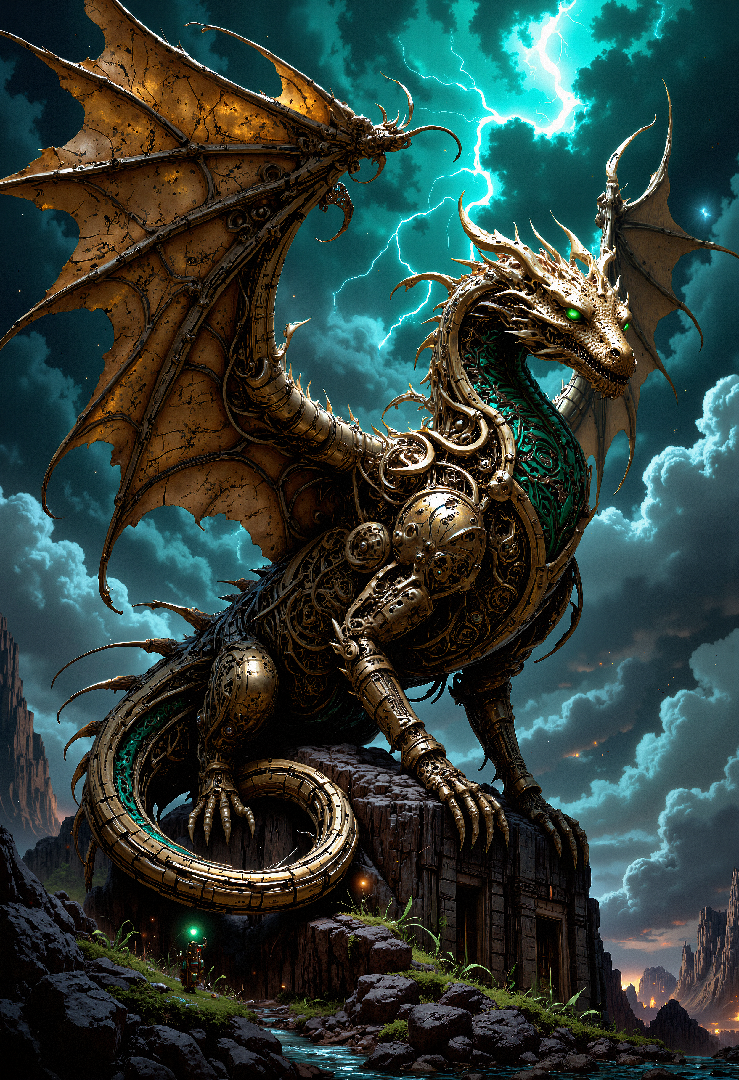 A highly detailed scene of a clockwork dragon, constructed entirely from intricate gears, cogs, and metallic components. Its wings are composed of bronze feathers, each feather etched with mechanical patterns. The dragon is perched atop a mountain of ancient ruins, its glowing emerald eyes casting an eerie light over the scene. The sky above is a stormy mix of swirling clouds and lightning, illuminating the dragonâs gleaming surface. The overall atmosphere is dark, mysterious, and filled with a sense of ancient power and advanced technology. The scene is hyper-realistic with a steampunk aesthetic, combining fantasy and industrial elements.   <lora:FluxMythP0rtr4itStyle:0.8> MythP0rt, <lora:aidmaImageUpgrader-FLUX-V0.1:0.33> detailmaximizer,  <lora:flux_vividizer:0.33> <lora:artilands:0.33>