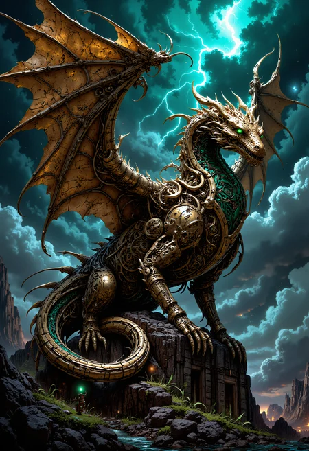 A highly detailed scene of a clockwork dragon, constructed entirely from intricate gears, cogs, and metallic components. Its wings are composed of bronze feathers, each feather etched with mechanical patterns. The dragon is perched atop a mountain of ancient ruins, its glowing emerald eyes casting an eerie light over the scene. The sky above is a stormy mix of swirling clouds and lightning, illuminating the dragonâs gleaming surface. The overall atmosphere is dark, mysterious, and filled with a sense of ancient power and advanced technology. The scene is hyper-realistic with a steampunk aesthetic, combining fantasy and industrial elements. <lora:FluxMythP0rtr4itStyle:0.8> MythP0rt, <lora:aidmaImageUpgrader-FLUX-V0.1:0.33> detailmaximizer, <lora:flux_vividizer:0.33> <lora:artilands:0.33>