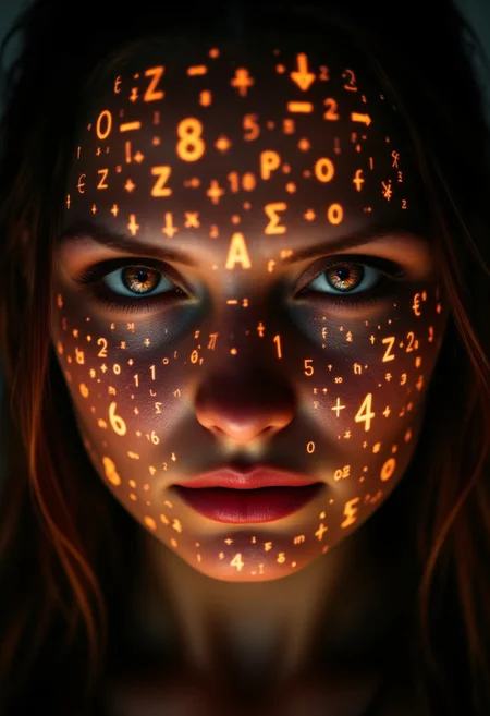 Digital artwork featuring a close-up portrait of a person with striking, glowing orange eyes. The subject has a fair skin tone with a smooth texture, and their facial features are sharp and intense. The image is stylized with a futuristic and mystical theme, as numbers and symbols in a glowing orange hue are scattered across the subject's face, creating an ethereal effect. The background is dark, enhancing the luminescent quality of the eyes and symbols. The overall composition is symmetrical, focusing on the subject's face, with a dramatic use of lighting that highlights the contours and expressions, giving the image a captivating and otherworldly appearance.