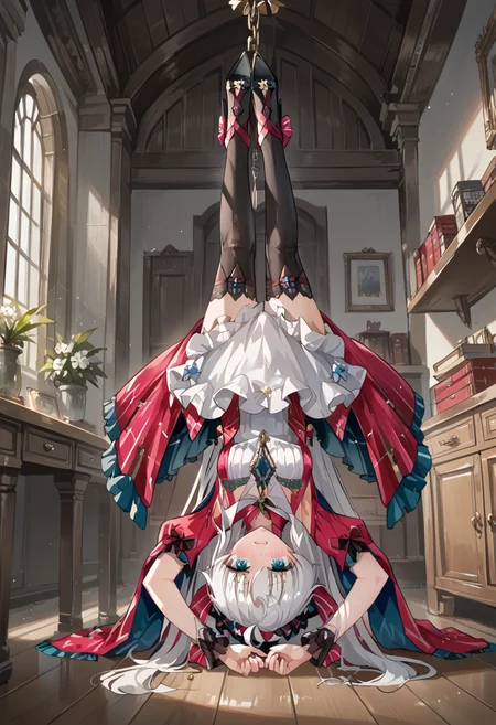 score_9, score_8_up, score_7_up, BREAK source_anime, (masterpiece), (best quality), 1girl, long hair, white hair, thighhighs, high heels, ahoge, hair bow, hair down to floor, dress, from front, (ultra detailed), shine, upside down, hang on celling, indoors, embarrassed, <lora:carlotta-V1:0.9>