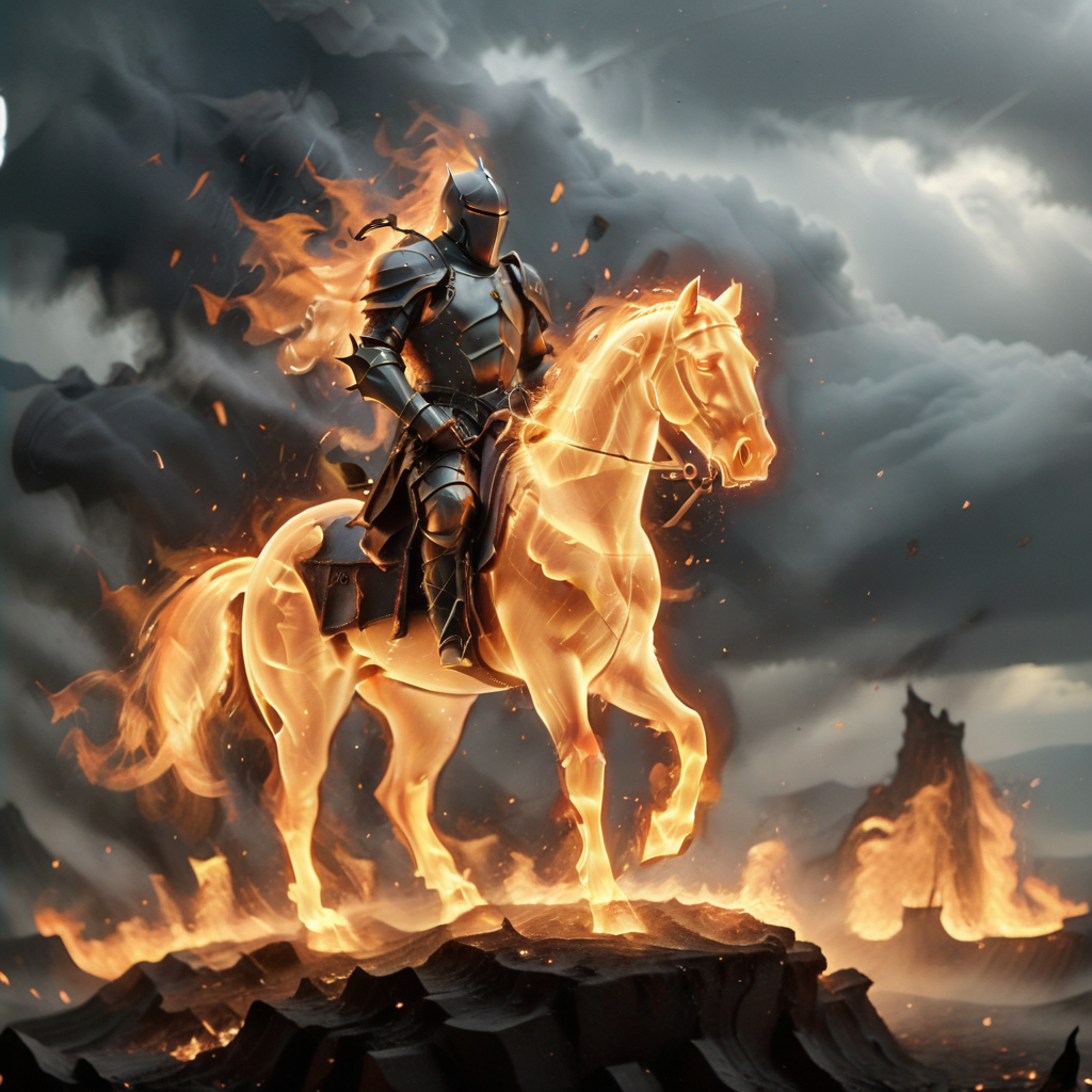desolate plain, smoke, dark knight made of fire, ornate flaming armor, riding horse made of fire, ((flaming warrior)), (flaming horse), rain of fire, flame aura, full elemental, ashen plain, burnt castle, gray sky,
 <lora:xl-shanbailing-1003fire:1.8> <lora:1dkXLP:0.5> <lora:lineartSDXL:0.4>