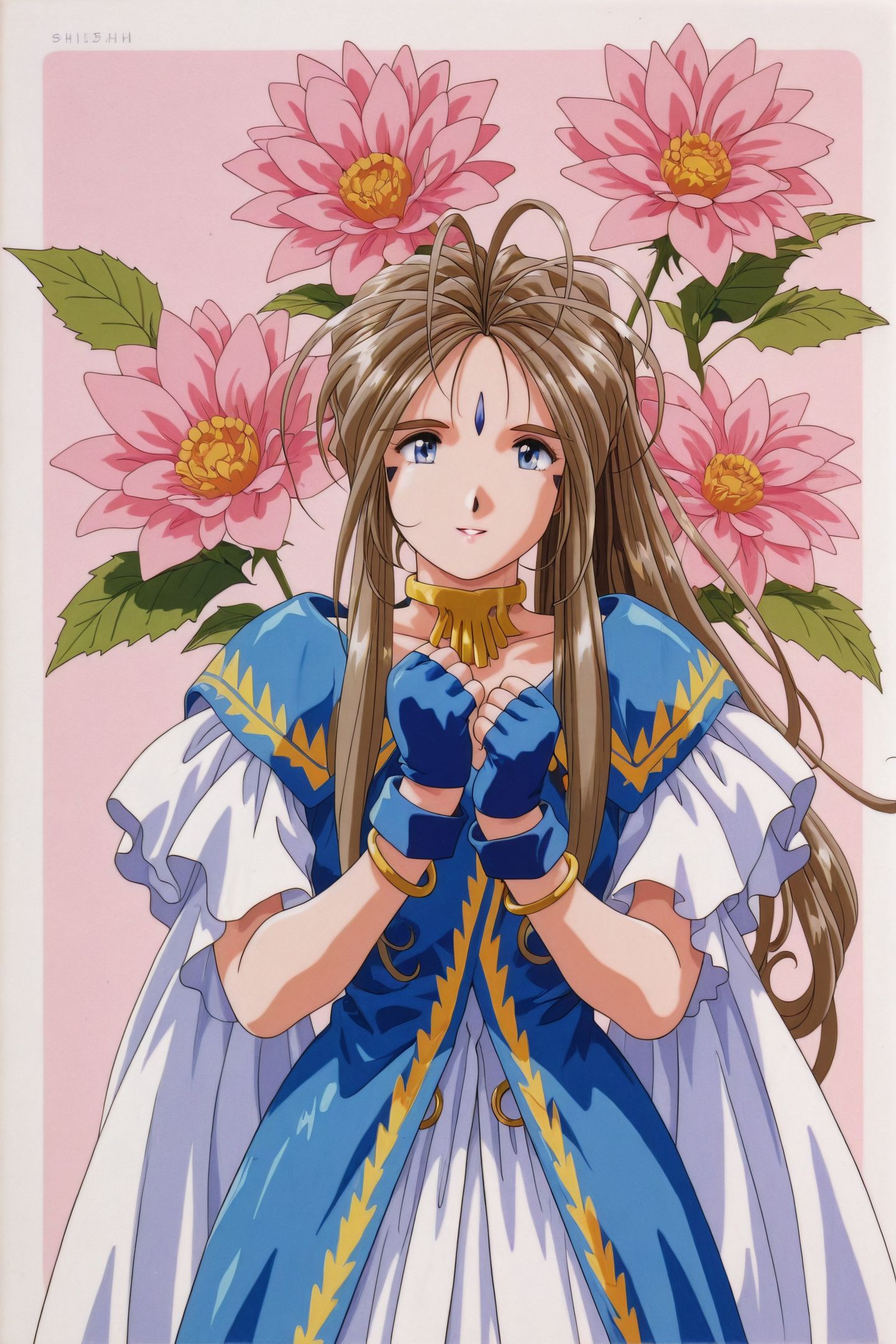 OVA Style,Belldandy,1girl,solo,facial mark,forehead mark,long hair,blue eyes,1990s \(style\),retro artstyle,brown hair,flower,jewelry,gloves,fingerless gloves,bracelet,looking at viewer,
<lora:Ah! My Goddess_illustriousXL:1.2>,