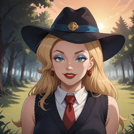 score_9, score_8, BREAK, solo, blonde hair, black headwear, makeup, blue eyeshadow, green eyes, red lips, lipstick, black sleeveless sweater, collared shirt, red necktie, earrings, red skirt, black heels, Doris Deer, sexy pose, self portrait, smile, outdoors, sunlight, shadows, evening lighting, natural lighting, forest, trees, grass, orange sky, sunset