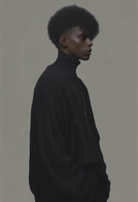 1boy, cute pose, dark skinned, goth, oversized sweater, realistic, detailed, DOOMHAZER