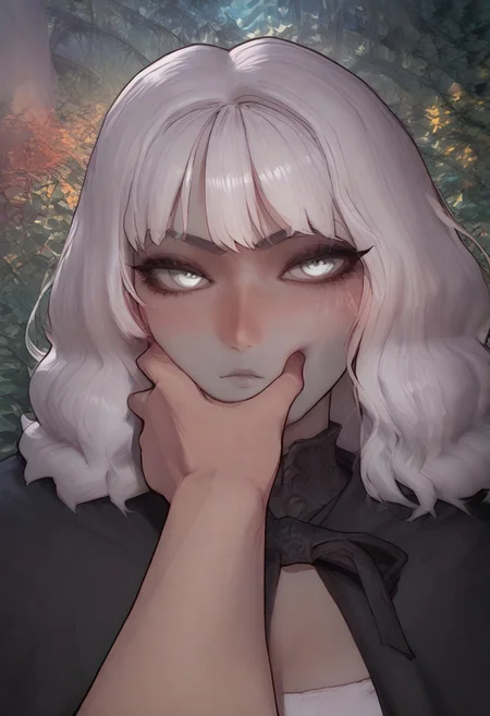anime artwork, score_9, score_8_up, score_7_up, score_6_up, score_5_up, drowsinue, grey corset, grey cape, white shirt, black right arm, armor, white hair, wavy hair, medium hair, ((grey skin)), white eyes, masterpiece, best quality, serious, score_9, score_8_up, score_7_up, source_anime, close up, <lora:Floox_Style:1>, detailed eyes, detailed hair, povcheekgrabbing, solo focus, hand on another's face, white hand on face, pale hand,