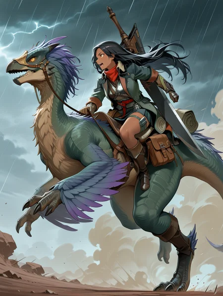 hope female armor,1girl,seikret,very long hair,dark-skinned female,open mouth,looking to the side,sitting,riding,black hair,huge sword,red scarf,1other,weapon on back,green jacket,white shirt,green skirt,thigh strap,brown knee boots,brown gauntlets,brown mouth mask,red belt,brown pouch,winged arms,dinosaurs,storm,dust cloud,clenched teeth,hand_on_hilt,running,
masterpiece,best quality,amazing quality,very aesthetic,absurdres,newest,<lora:MHWilds hope armor illuXL v1:0.8>,