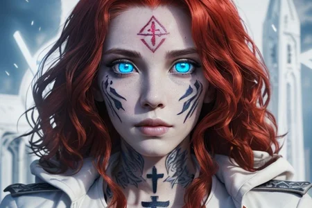 bright red hair, human female, (feminine:1.7), (beautiful face, detailed face:1.6), (beautiful eyes, detailed eyes:1.7), (looking at viewer, eye contact, intense:1.6), (long hair, red hair, curly hair:1.3), , ((masterpiece, best quality, high resolution, realistic, best quality,)), photo realistic, Perfect Face, (detailed face). <lora:GoodHands-vanilla:0.6> <lora:add-detail-xl:0.8>, mage, (Dress White military uniform coat), dagger, rune dagger, glowing runes, , (((glowing magic symbols tattoos, religious tattoos))), ((face tattoos)), glowing tattoos, stone tower in the background