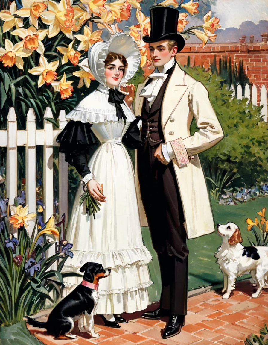 JCLeyendecker illustration featuring a young couple in early 19th century period clothing standing outdoors in front of a blooming bush, accompanied by a small dog. The woman, on the left, is dressed in a white dress with multiple ruffled layers at the hem, each edged with a thin black stripe. The sleeves of the dress are short and puffed, and she wears a light-colored bonnet with a wide brim, adorned with pink flowers. A dark ribbon is tied around her neck in a bow. A shawl of ornate paisley fabric and a red cloth are draped over her arm. The man stands next to her, wearing a dark coat over a tan vest, light-colored pants. He holds a bouquet of yellow daffodils in one hand and a light-colored top hat in the other, which hangs at his side. The couple stands on a reddish-brown brick surface, surrounded by greenery, including irises and other plants. To their right, a small dog with long white and black fur stands on the bricks. Behind the couple is a backdrop of blooming bushes with small pink flowers and a white picket fence, adding to the outdoor setting. <lora:JCLeyendecker1-000001:1>