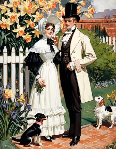 JCLeyendecker illustration featuring a young couple in early 19th century period clothing standing outdoors in front of a blooming bush, accompanied by a small dog. The woman, on the left, is dressed in a white dress with multiple ruffled layers at the hem, each edged with a thin black stripe. The sleeves of the dress are short and puffed, and she wears a light-colored bonnet with a wide brim, adorned with pink flowers. A dark ribbon is tied around her neck in a bow. A shawl of ornate paisley fabric and a red cloth are draped over her arm. The man stands next to her, wearing a dark coat over a tan vest, light-colored pants. He holds a bouquet of yellow daffodils in one hand and a light-colored top hat in the other, which hangs at his side. The couple stands on a reddish-brown brick surface, surrounded by greenery, including irises and other plants. To their right, a small dog with long white and black fur stands on the bricks. Behind the couple is a backdrop of blooming bushes with small pink flowers and a white picket fence, adding to the outdoor setting. <lora:JCLeyendecker1-000001:1>