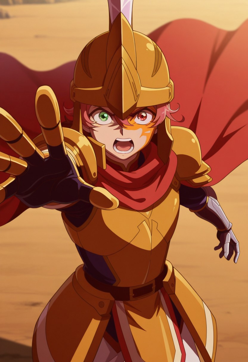 masterpiece,best quality,amazing quality, source_anime, 
MichArclight, 1boy, male focus, solo, heterochromia, green eyes, red eyes, facial tattoo, pink hair, helmet, gold armor, shoulder armor, gauntlets, red cape, open mouth,  outstretched arm, outdoor,