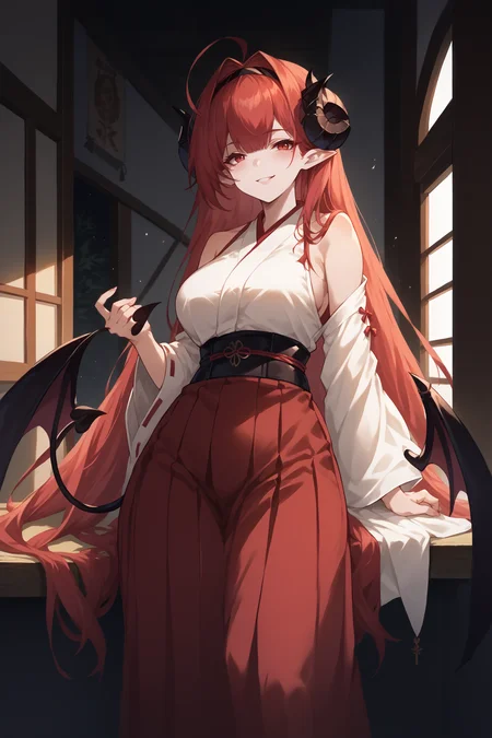 score_9, score_8_up, score_7_up, , rating_general,1girl ,hinbn, ahoge, absurdly long hair, hair between eyes, mole under eye, demon horns, demon tail, demon wings, pointy ears, shrine maiden, scarlet hakama, white kosode, source_anime, <lora:HindenburgPDCAME AL:1>, <lora:GBFSplashArtXLPDv2:1>, gbsa, splash art, indoors, happy,