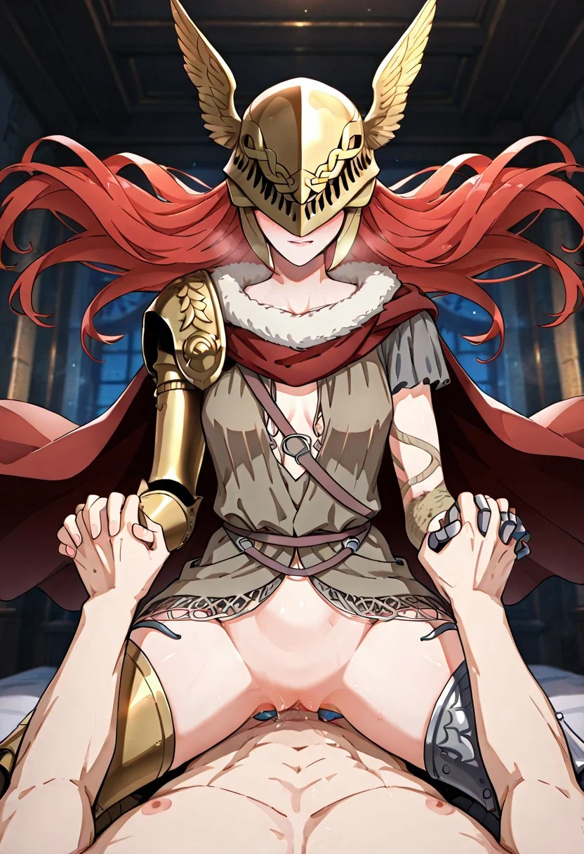 masterpiece, best quality, newest, absurdres, highres, anime, anime style, Handholding-Cowgirl-IL.V1.0 holding hands, handholding, cowgirl position, sex, vaginal, hetero, girl on top, pov, male pov, 1girl, malenia blade of miquella, floating hair, red hair, long hair, prosthetic leg, armor, gold armor, winged helmet, armor, red cape, prosthetic arm, single mechanical arm,